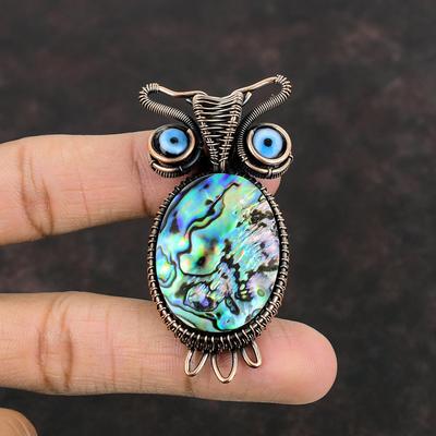 Abalone Shell Pendant Copper Wire Wrapped Gemstone Pendant Black Color Evil Eye Pendant Copper Jewelry Handmade Owl Pendant Gift For Women