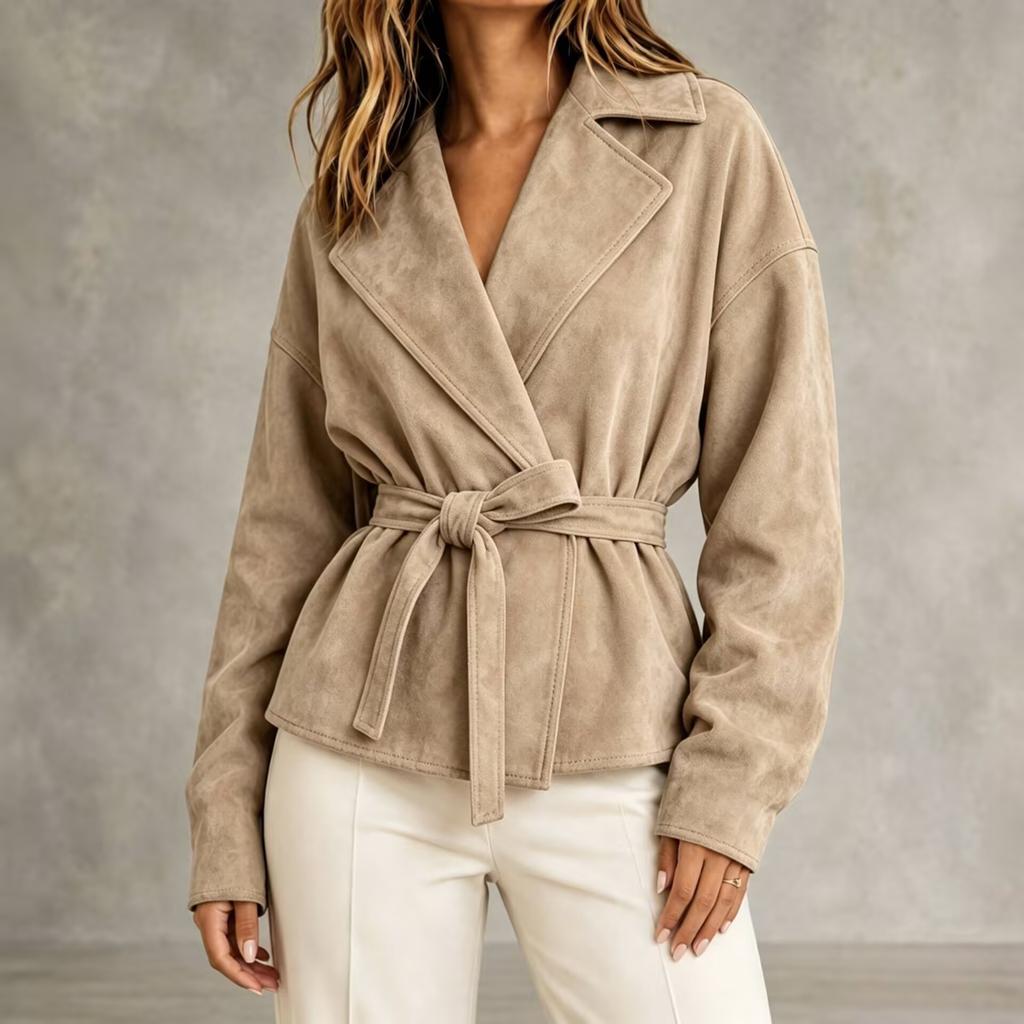 Giacca da Donna in Ecopelle con Collo a Revers e Cintura in Vita per Uso Quotidiano Casual