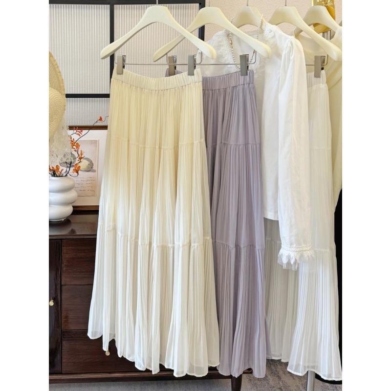 

Rain mist wisteria pleated skirt spring and summer loose big skirt a word long skirt temperament thin chiffon cake skirt one size абрикосовый