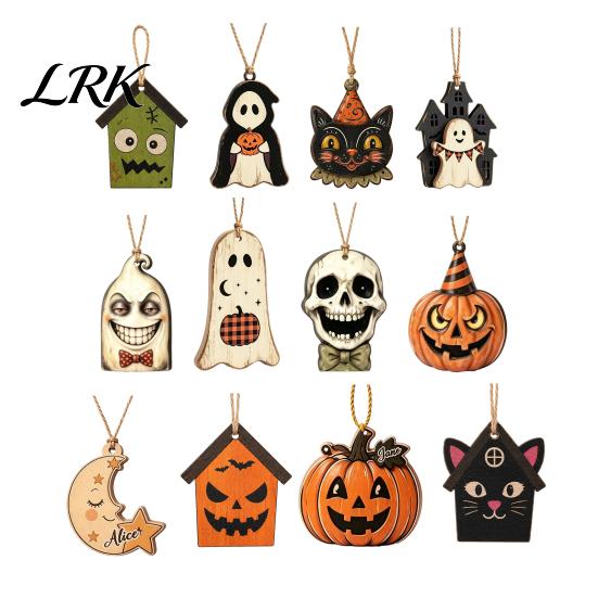 Vintage Cartoon Ghost Pumpkin Tags Halloween Wooden Ornaments, Rustic Spooky Owl Skull Decorative for Fall Festivals Hanging Decoration Fireplace Tree