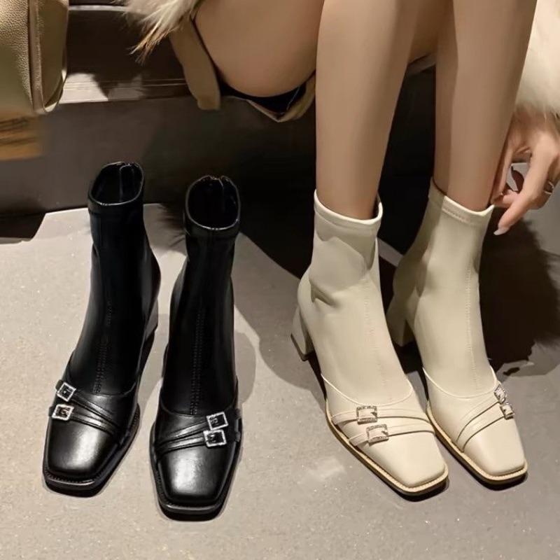 Chunky Heel Women Elastic Short Boots Fashion Back Zippers Shoes Autumn Winter Platform Flats Ladies Ankle Booties
