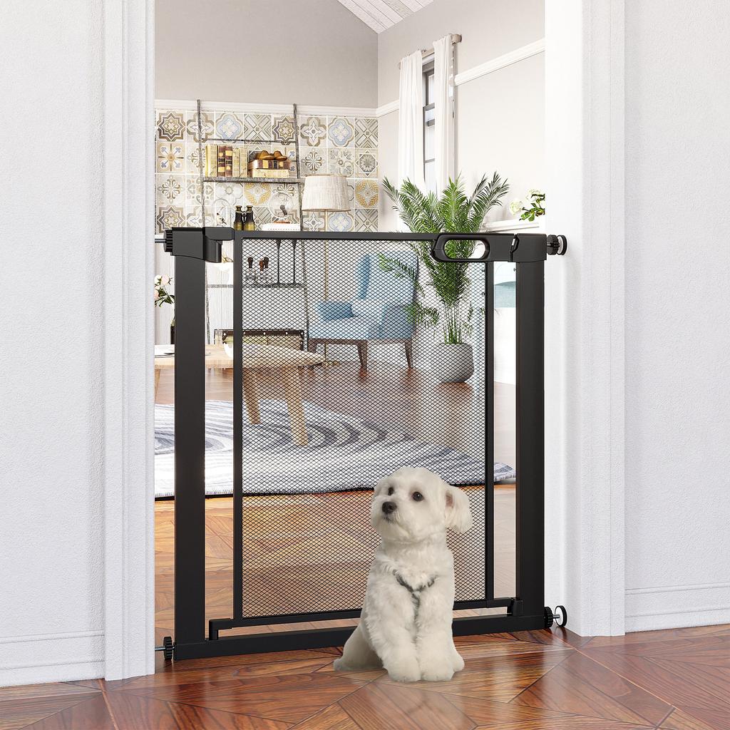 Druck-Hundegitter mit automatischer Schließung, Stahl und ABS, 75-82x76 cm, Schwarz