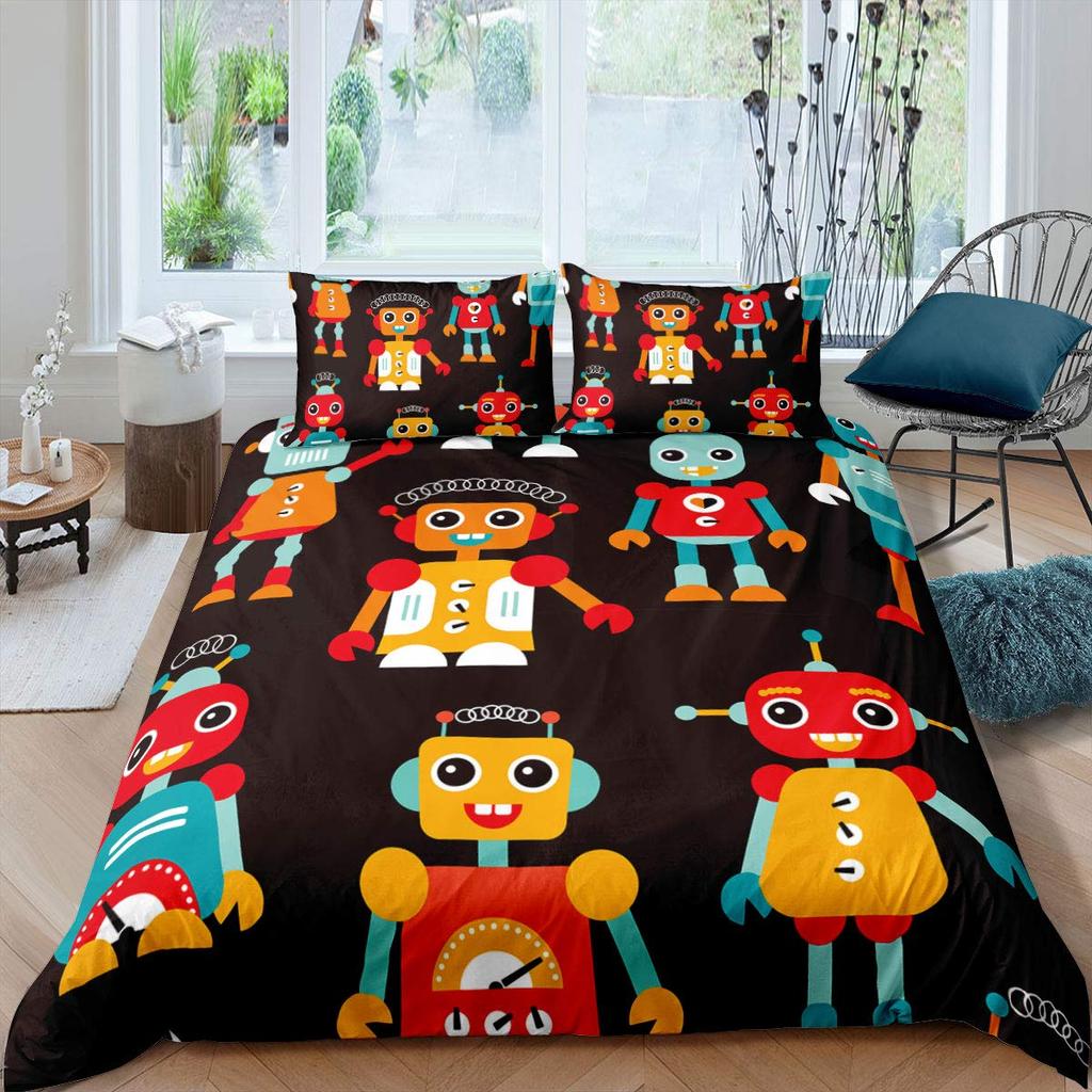 Children Kids Young Boys' King-Sized Dimensionsd Dimensions Beding - Watercolor Robot Soft Duvet Cover Set, 2/3 Pcs Featuring Modern Carton Super