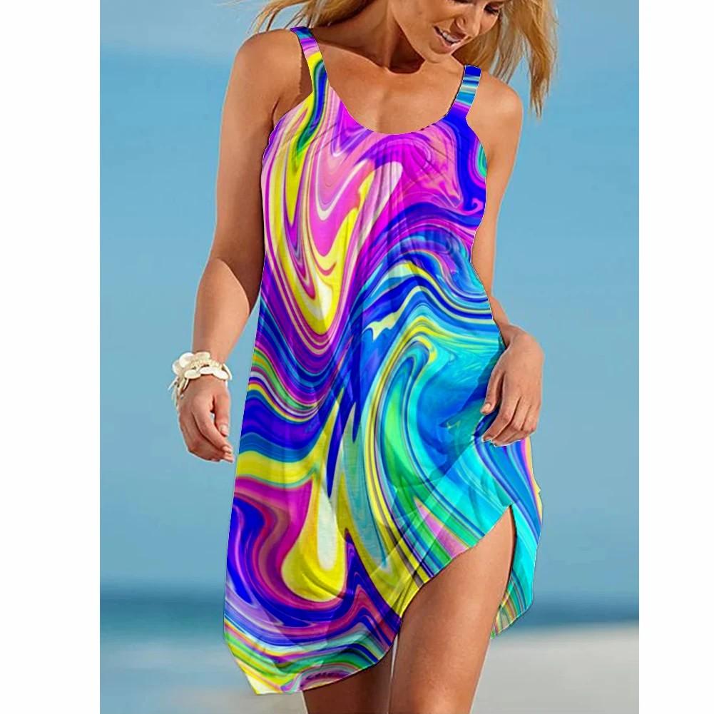 Women's Sleeveless Summer Dress with Camisole T-shirt, 3D Color Blend Style Skirt, Loose, Casual and Sexy