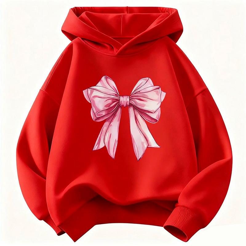 Warm Kids Hooded Pullover, Lovely Hand Drawn Pink Bow Ribbon Graphic Sweatshirt, Autumn Winter Casual Long Sleeve Top for Children Daily Wear