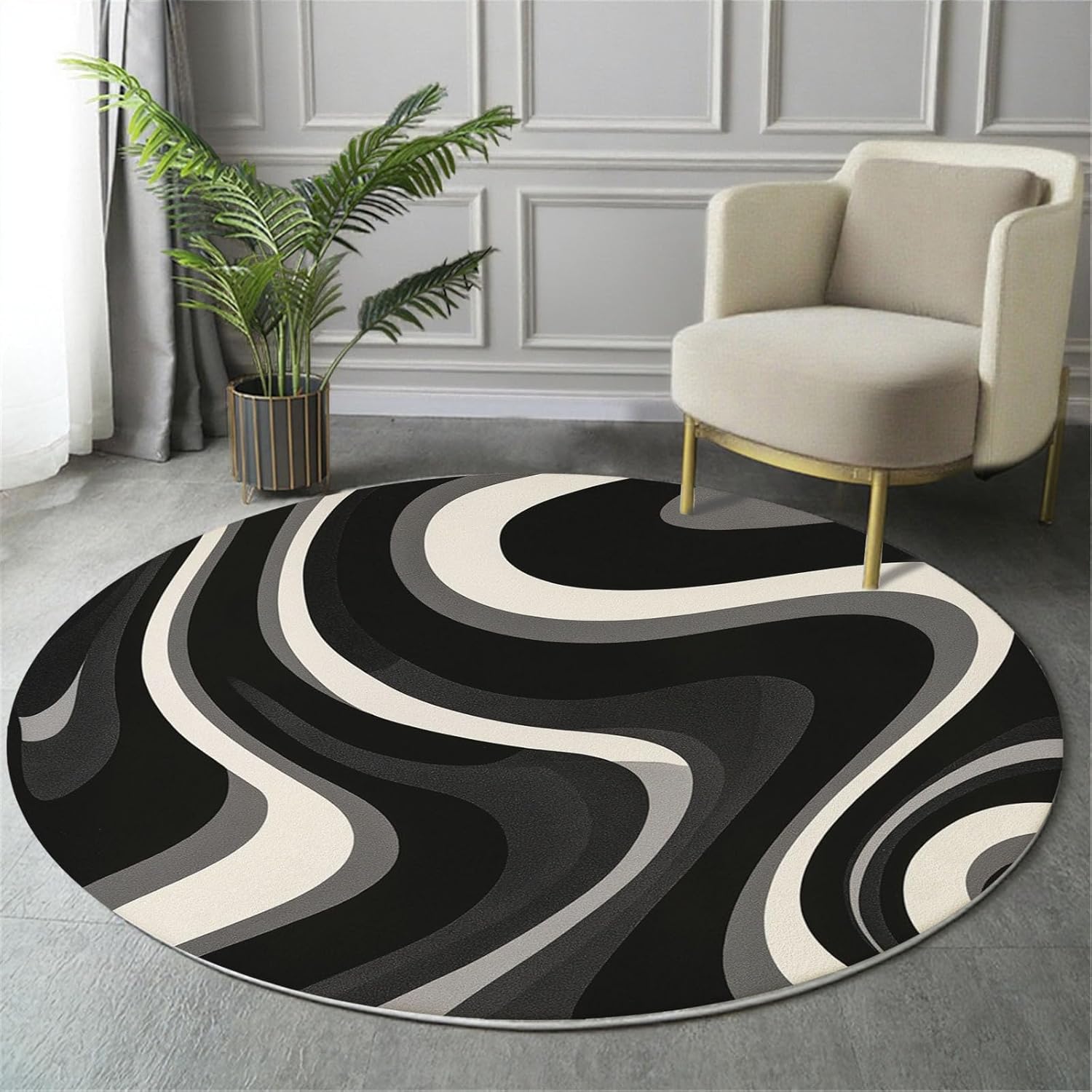 Abstract Wave Stripe Round Rug Black White Gray for Contemporary Minimalist Design 60cmx60cm