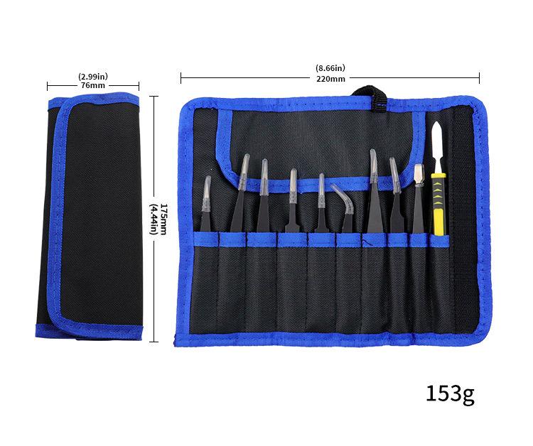 Stainless Steel Tweezers & Pry Bar Set - 10/11 Pieces with Canvas Bag