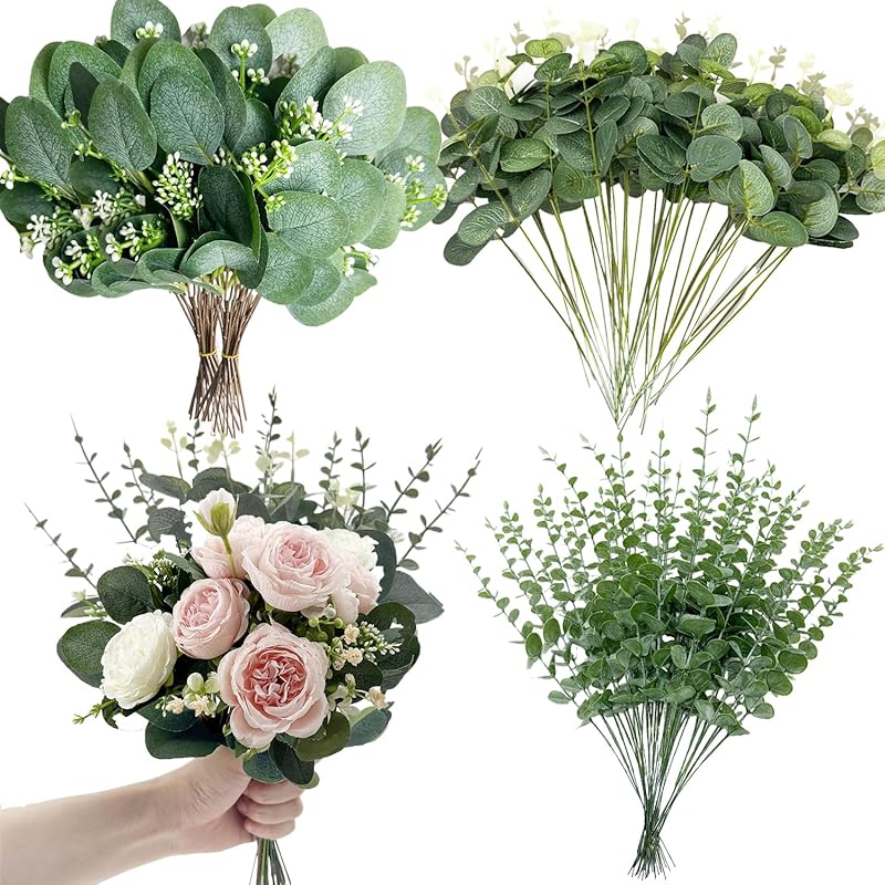 100 Pcs 3 Kinds Mixed Artificial Silver Dollar Eucalyptus Leaves Picks, Faux Eucalyptus Stems Sprays for DIY Bouquets Floral Arrangement Wedding Home
