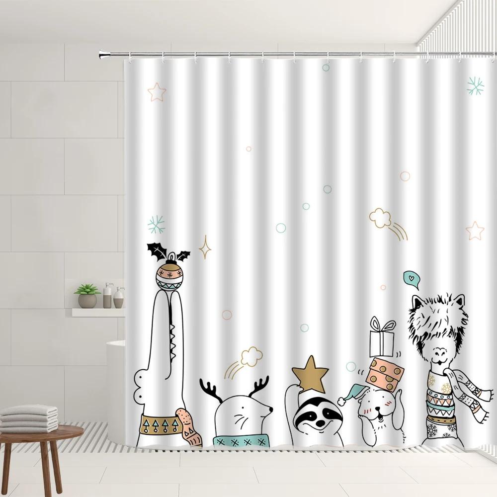 Cartoon Shower Curtain Set With Hooks Simple Watercolor Animals Pattern Children's Room Bathroom Bathtub Decor Screens Washable