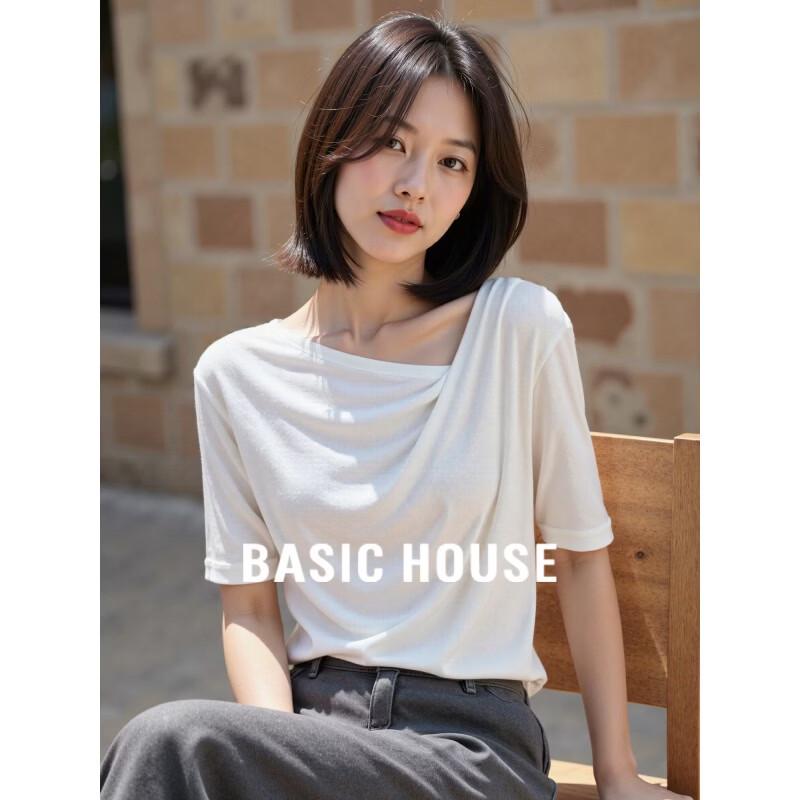 Basic House Women s Designer Pleated One-Shoulder Short Sleeve T-Shirt L