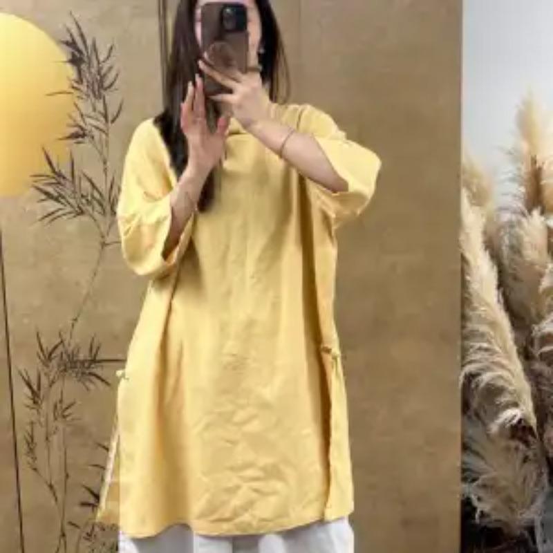 Women Red Chinese Style Linen Stand Collar Frog Button Loose Top M жёлтый