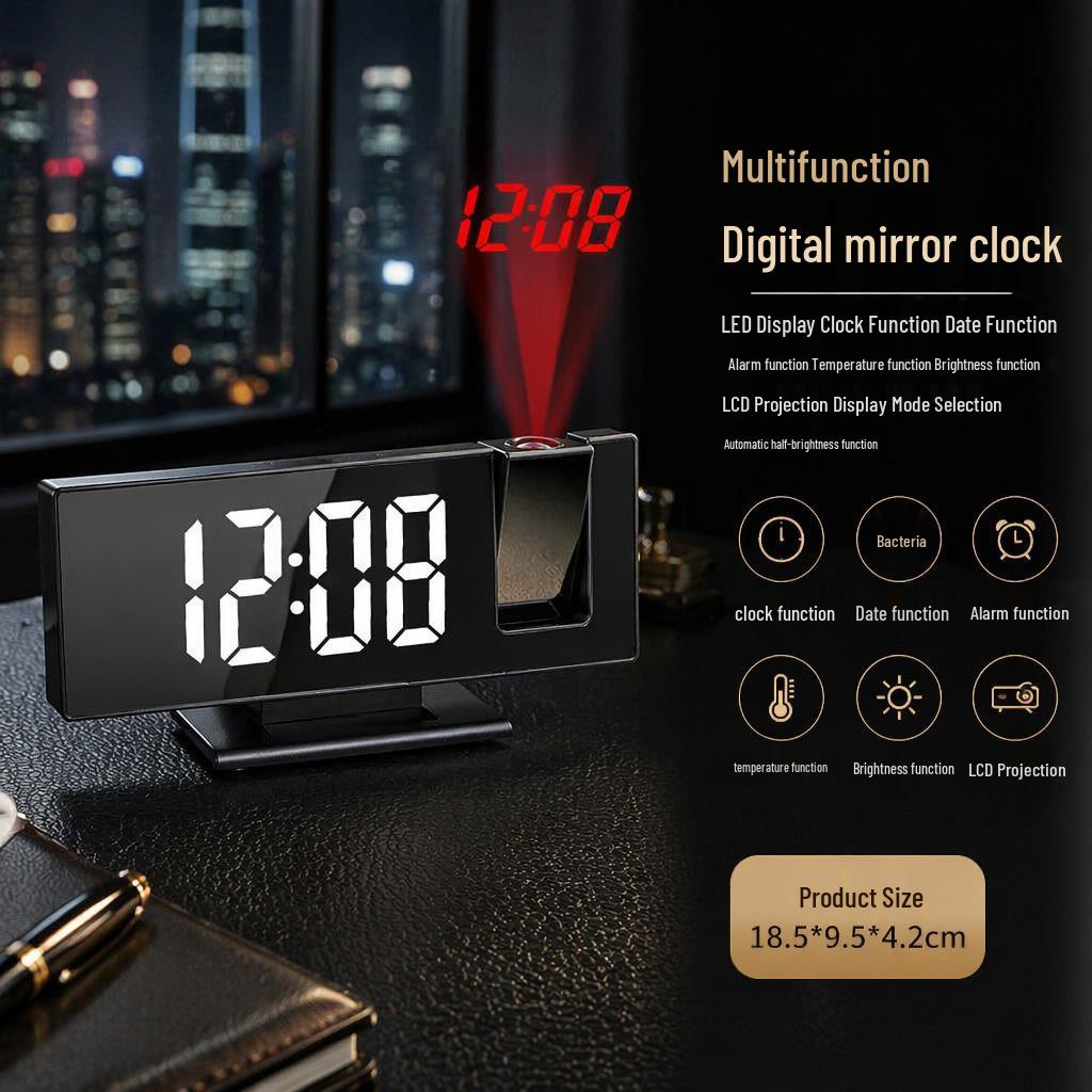 Rotating Projection Alarm Clock with Large Digital Display and Mirror Screen