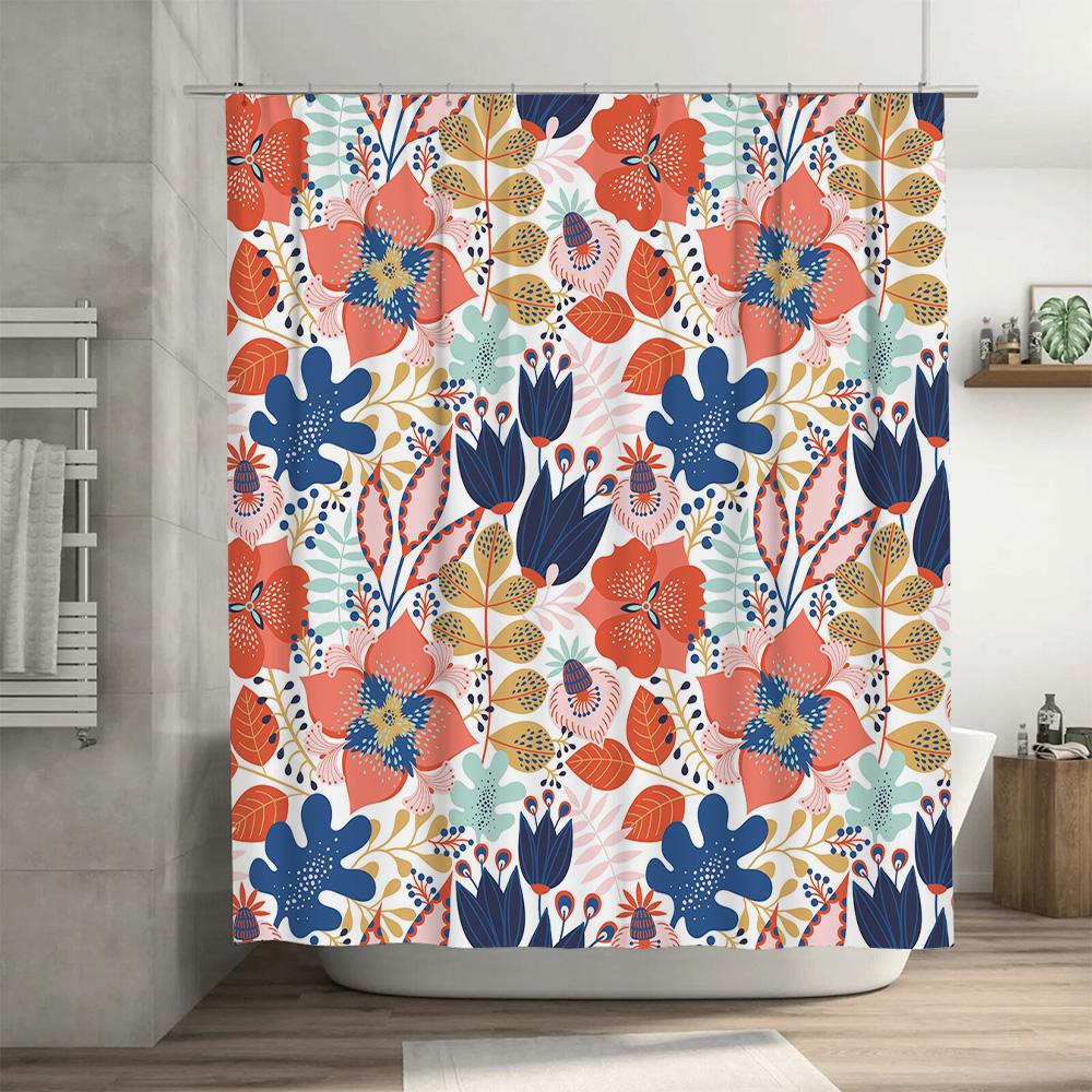 Floral Shower Curtain Bath Mat Decor, Modern Printed Waterproof Fabric Bathroom Rug Set Pink Blue Orange Green Leaves Flower Des