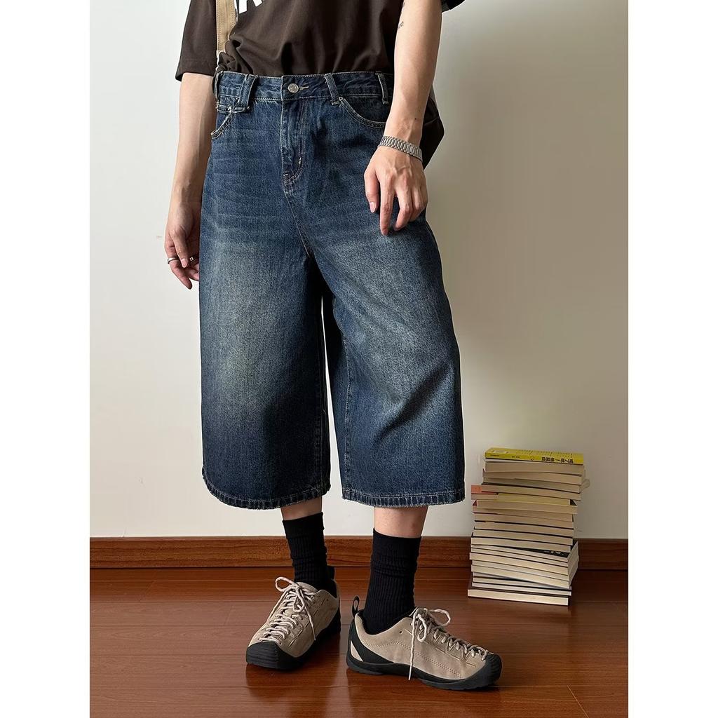 Retro and Old Design Sense Big Wide-leg Jeans Men's Summer New High-waisted Loose and Thin Cropped Pants