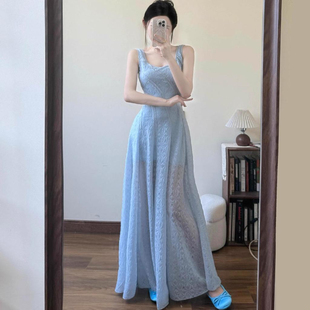 Summer blue French suspender dress women's new temperament waist thin a word seaside vacation skirt