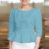 Women Casual Round Neck Solid Color 3/4 Sleeve Blouse