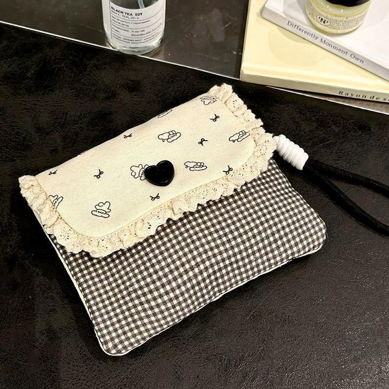 Womens Small Coin Purse Heart Button Decor Lipstick Sanitary Napkin Coin Money Bag Floral Earphones Data Cable Storage Case