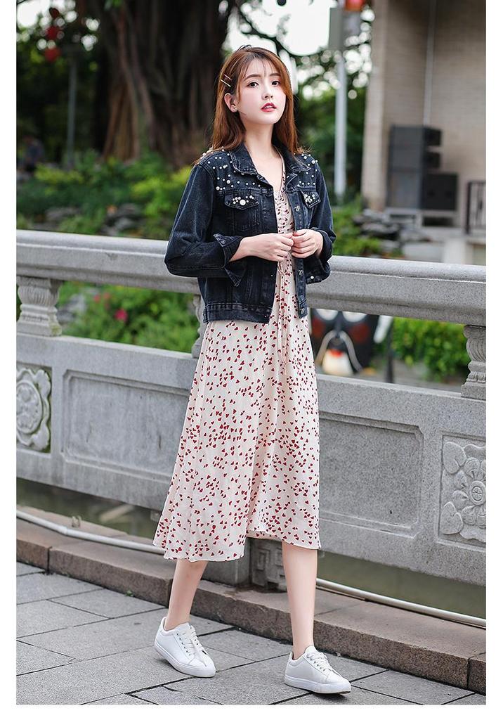 Women's Beaded Pearl Ulzzang Denim Jacket - Loose Fit, Spring/Autumn