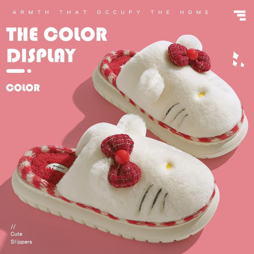 Bow plush cotton slippers autumn and winter indoor home dormitory thermal cotton slippers
