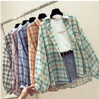 Vår Sommar Mode Kvinnlig Vintage Långärmad Lös Pläd Blus Toppar Dam Chiffong Fritidsskjortor Solskyddsskjortor