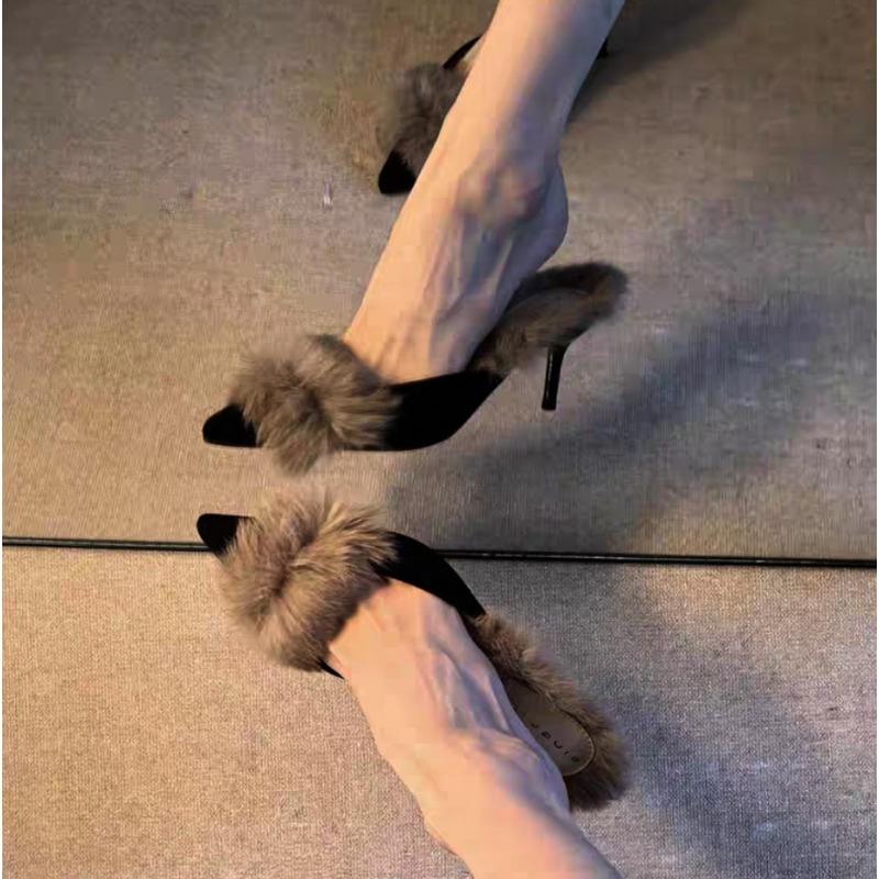 Damen High Heels Pelz Hausschuhe Pantoletten Spitzschuh Pelzige Slides Mode Elegante Luxus Designer Flip Flops Büro Pumps