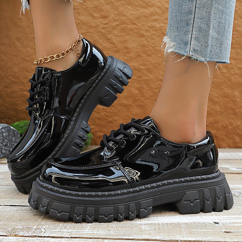 Módní černé lakované kožené platformové mokasíny dámské 2025 podzim silná podrážka PU kožené boty dámské plus size šněrovací studentské boty 42