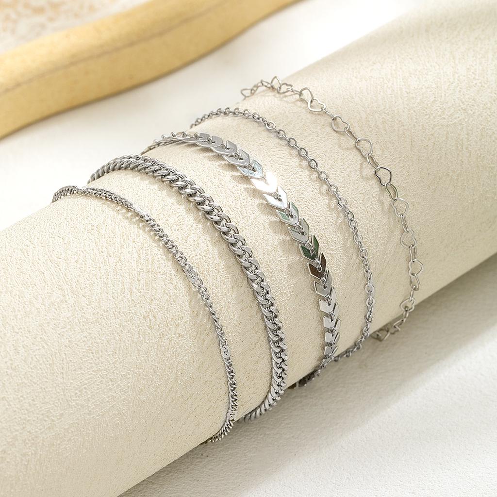 4 Fashionable and Simple Heart-shaped Snake Bone Chains, Multi-layer Stacked Women's Ankle Chains