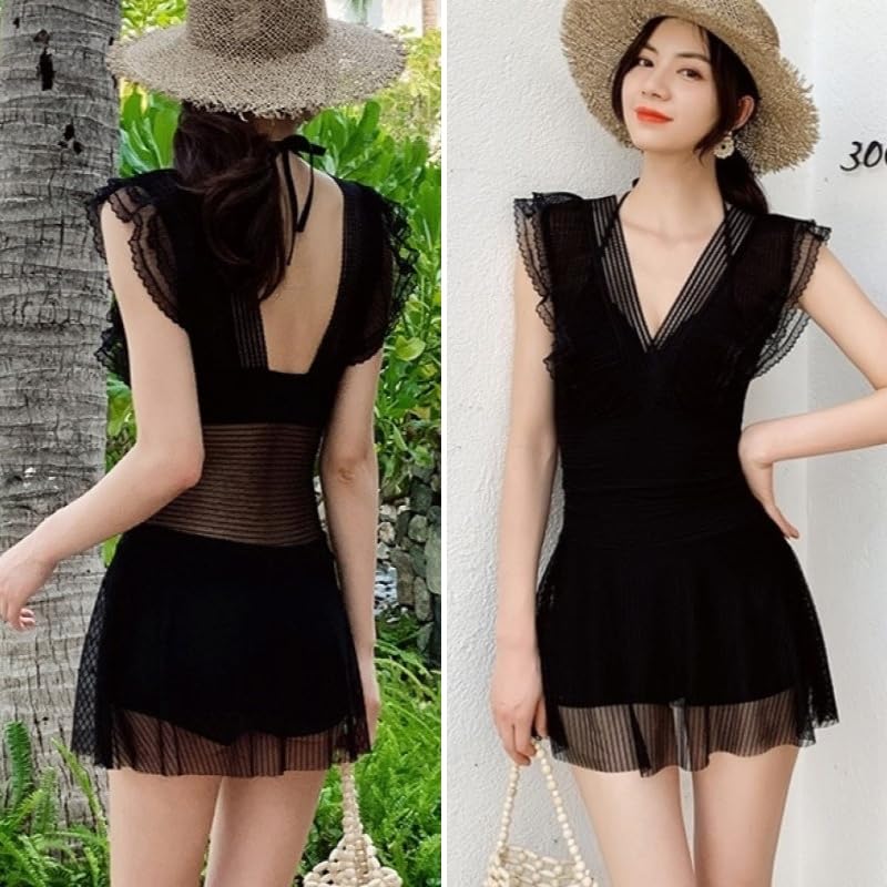 ISLAYCAOLILA Swimdress with Sheer Lace and Flared Padded and DP8 Fleur Women's One-Piece Swimsuit, V-Neck, See-Through Skirt, Wired, (L, Black)