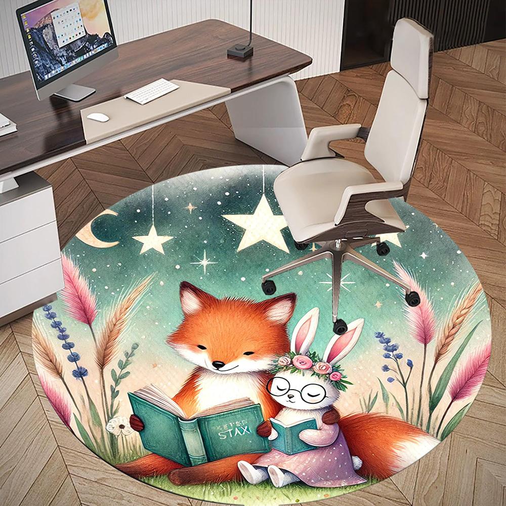 1pc Fox Rabbit Round Chair Mat Area Rug - Non-Slip, Floor Mat for Office, Bedroom, and Indoor Decor -1002059