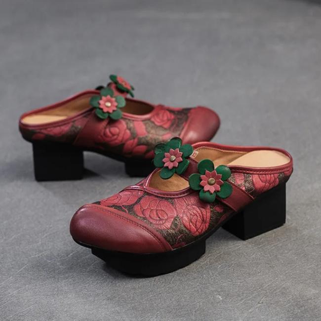Johnature Ethnic Style Thick Heel Round Toe Outdoor Slippers Retro Printed Genuine Leather Women's Shoes
