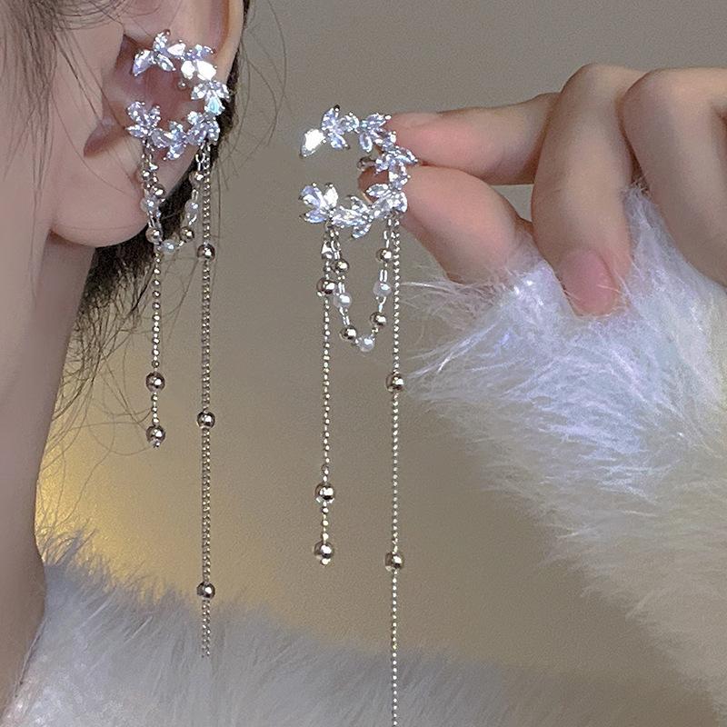 Liquid Metal Pleated Butterfly with Diamond Tassel Without Ear Piercing Ear Bone Clip Female Cold Wind Personalized Earrings Earrings