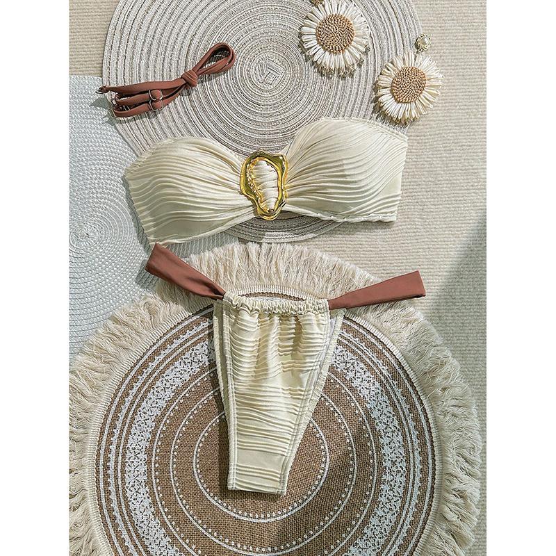 

Комплект бикини без бретелей Женский купальник Полосатый Раздельный Простой С открытой спиной Женская купальная одежда Купание Летняя мода Пляжная одежда XL бежевый