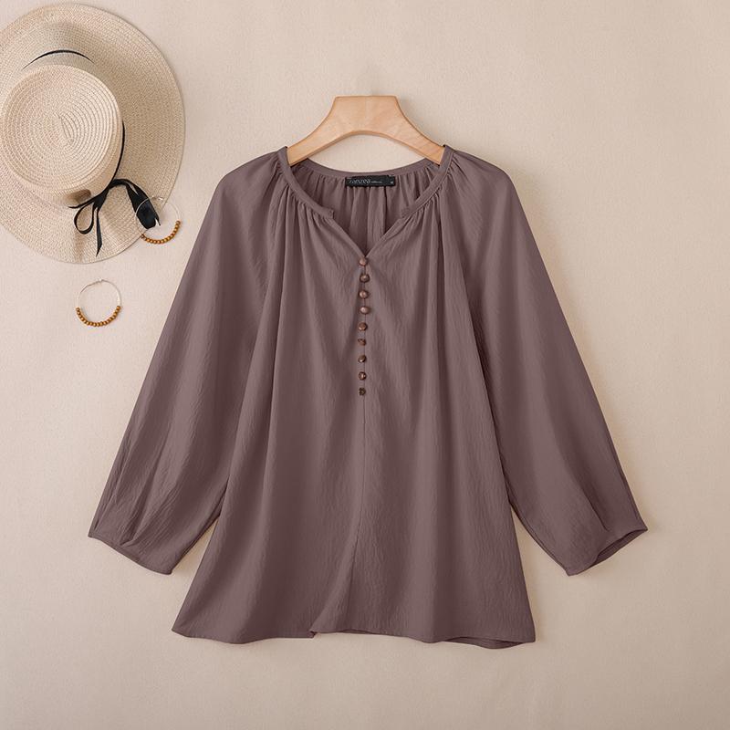 ZANZEA Women Casual V-Neck Solid Color Loose 3/4 Sleeve Blouse