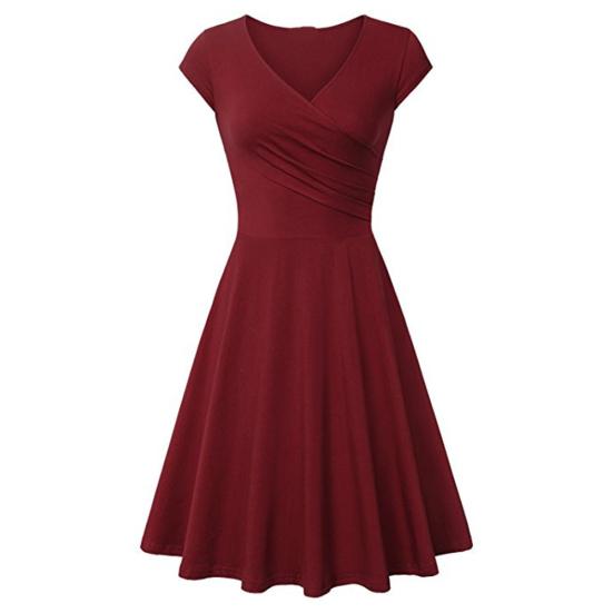 Fashion Women Solid Color V Neck Short Sleeve Plated Swing Party Banquet Dress
