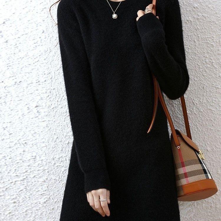 

Вязаное платье-свитер средней длины для женщин, осенне-зимнее, с длинным рукавом, свободный пуловер, универсальное и теплое, платье-свитер с круглым вырезом, трикотаж S