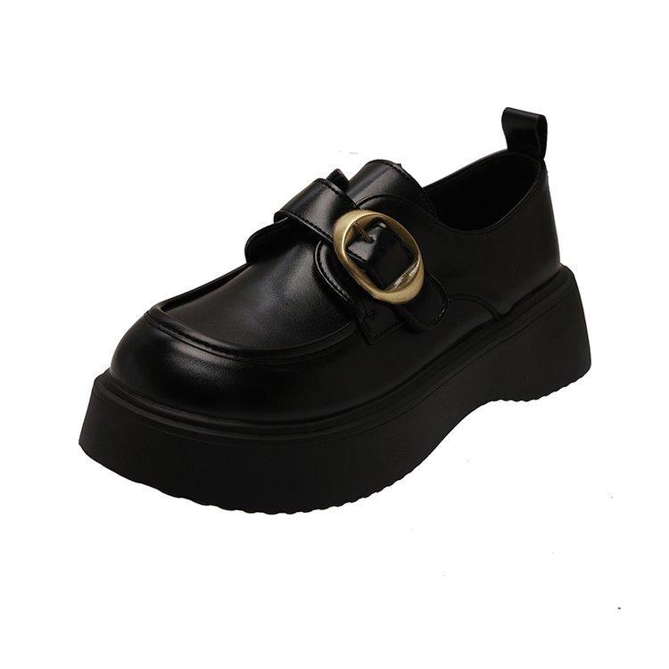 Britischer Stil kleine Lederschuhe Damen Frühling 2025 neu Muffin dicksohlig runde Zehe vielseitige Klettverschluss schwarze Slipper