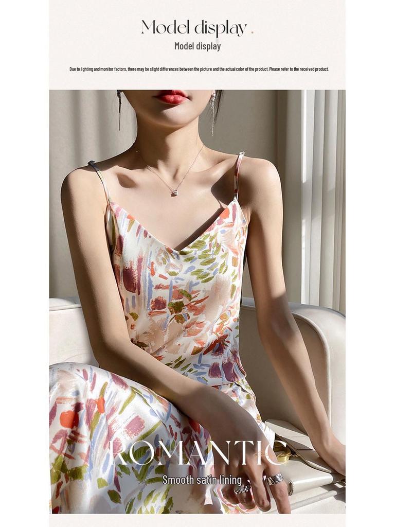 Women's High-Waist Silk A-Line Mid-Length Satin Skirt with Print