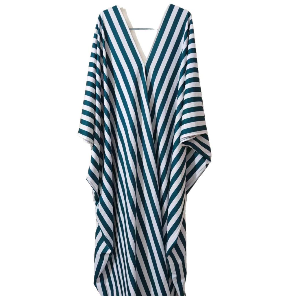 Women's Deep V Neck Short Sleeve Maxi Dress Loose Fit Striped Casual Vacation Long Dress