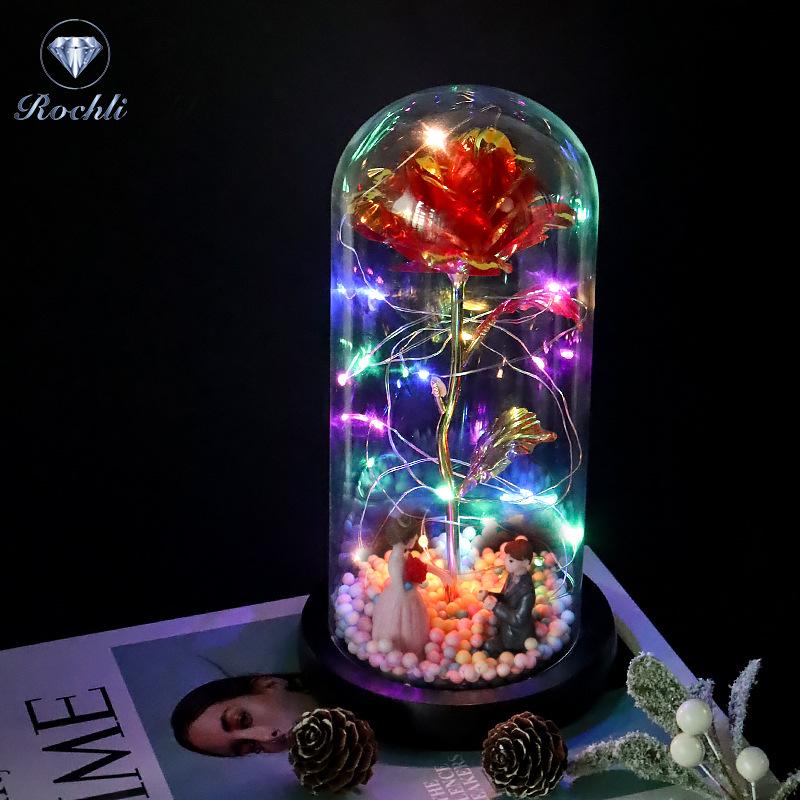 Rose Flower Preserved in Glass Dome with Night Light - Mother's Day or Birthday Gift Ornament