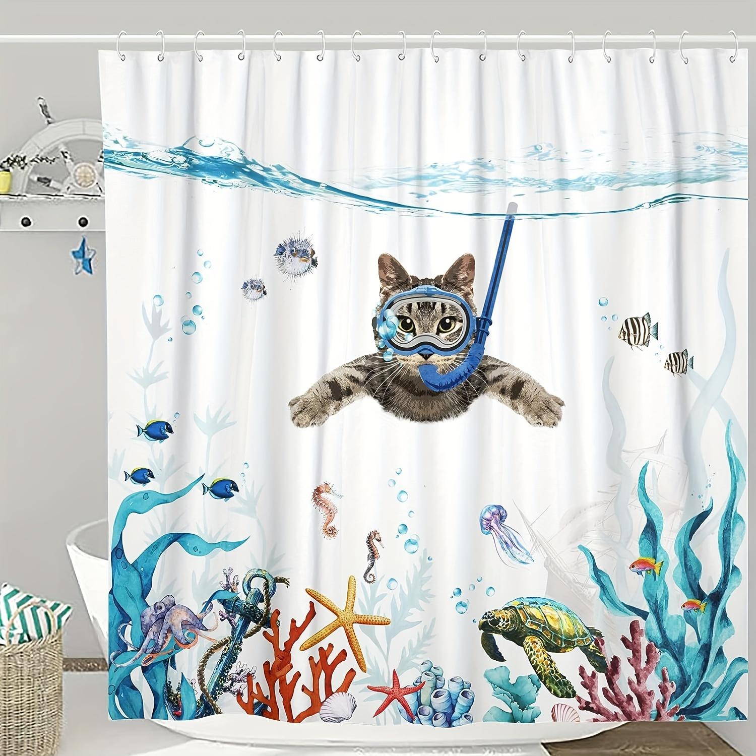 

Shower Curtain: Adorable Cat Scuba Diving with Tropical Sea Life for a Fun and Whimsical Bathroom Decor 90x180cm