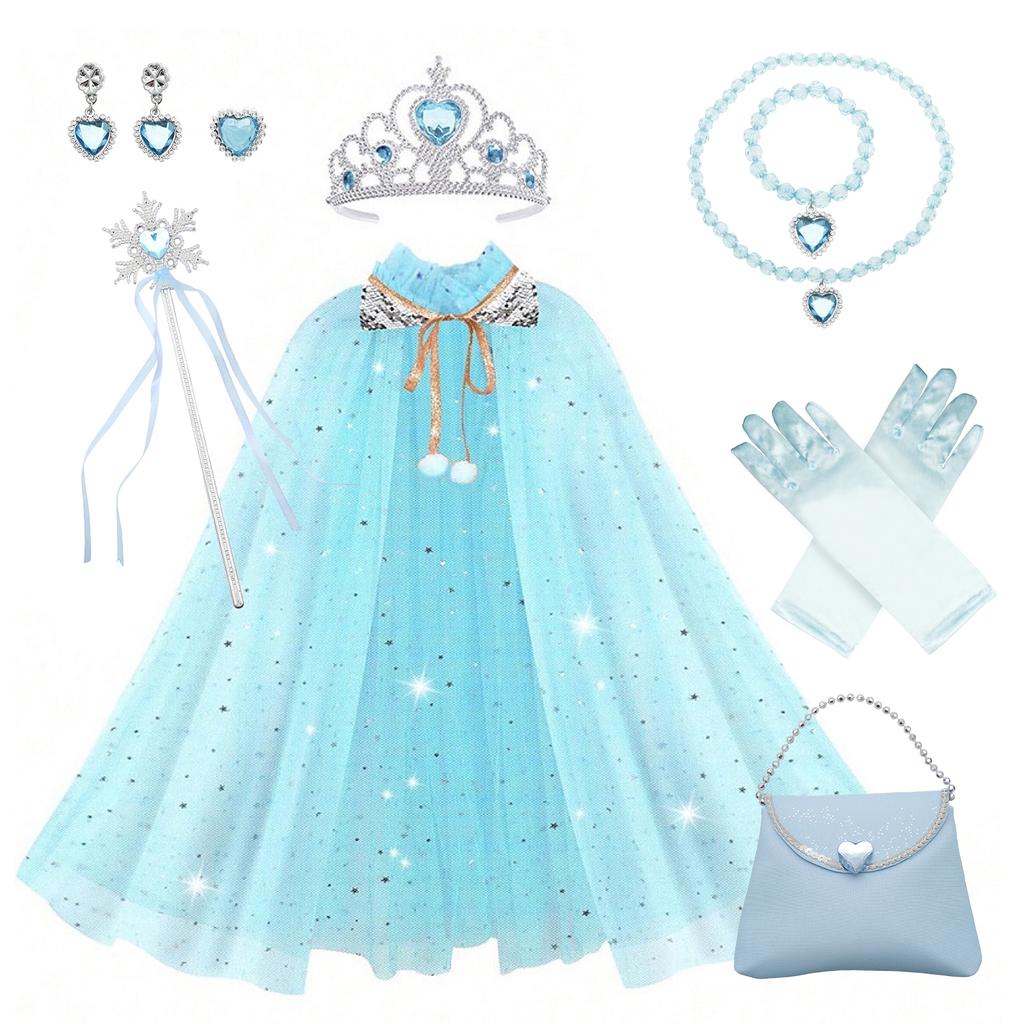Princess Dress Up Clothes Set Princess Dress Up Cloak Set Mermaid Sequin Cape Kit with Crown Necklace Bracelet Ear Clips for Kid