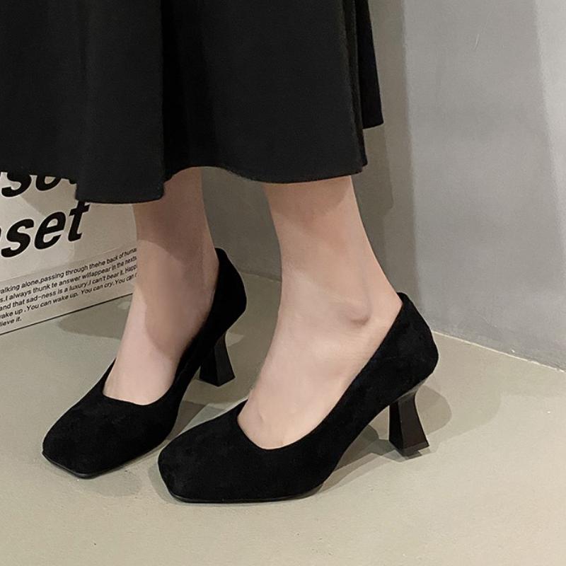 New Concise Solid Cow Suede Square-Toes High Heels Woman Pumps Customized Style Shallow Chunky Heels Slip-on Zapatos Mujer 35-40