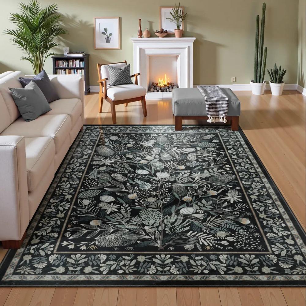 Green Large Area Rugs Botanical Floral Washable Rugs for Living Room Soft Rug for Bedroom Non-Slip Modern Rug Dining Room Mat