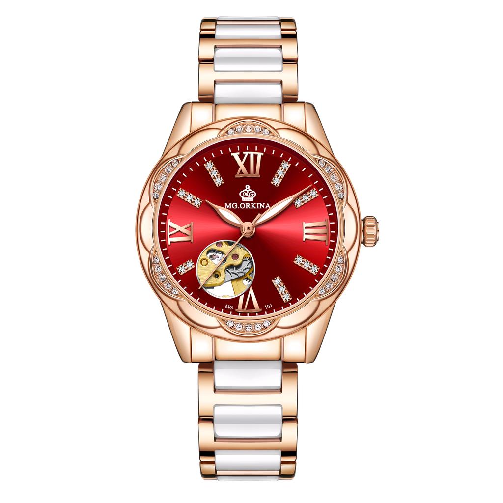 ORKINA Damen Luxus Automatische Mechanische Uhr Elegante Roségold Edelstahl Wasserdichte Armbanduhr Damenuhr