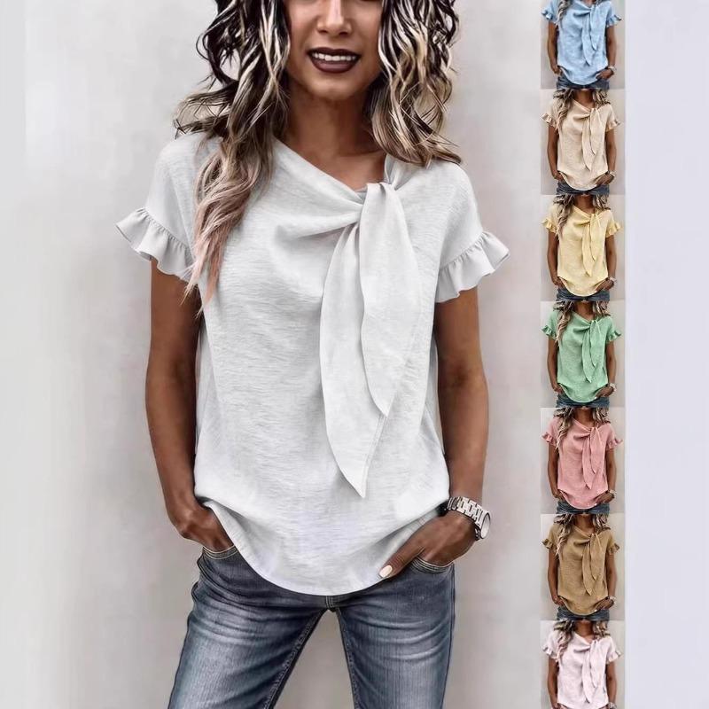 Womens Casual Solid Color Round Neck Short Sleeve Bow Knot T Shirt