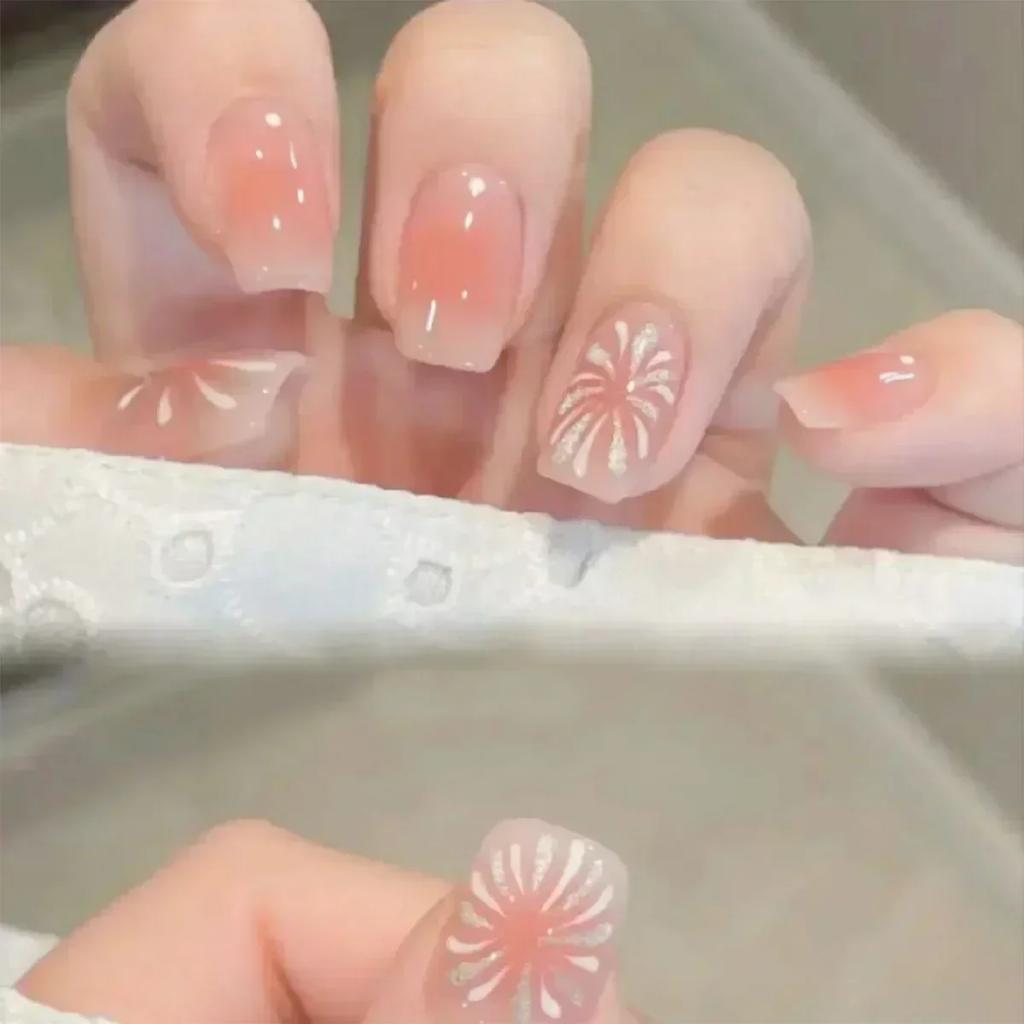 24Pcs Pink Ballet Long Coffin Press On Nails With Rhinestone Love Heart Glitter Full Cover Fake Nail Tips