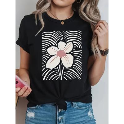Floral Rhythm Grafischer Print T-Shirt, Kurzarm Rundhals Lässiges Oberteil für Sommer & Frühling, Damenbekleidung