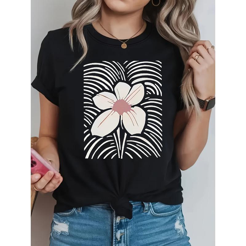 

Floral Rhythm Graphic Print T-Shirt, Short Sleeve Crew Neck Casual Top for Summer & Spring, Women S Clothing S чёрный