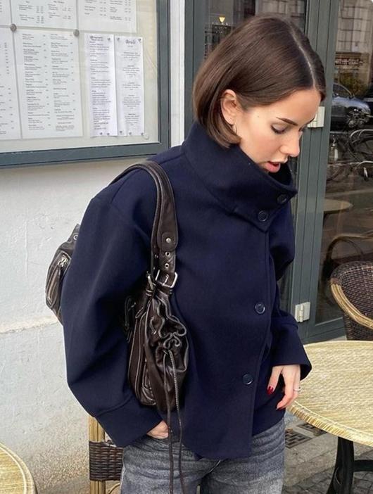 Solid High Neck Double Button Topcoat Dropped Shoulder Loose 2025 Autumn Short Elegant Jacket Women Urban Casual Lady Outerwear