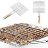 Iron Wire Grilling Barbecue BBQ Basket Net Wooden Meat Handle Fish Clip Holder